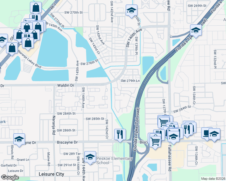 map of restaurants, bars, coffee shops, grocery stores, and more near 28033 Southwest 142nd Court in Homestead