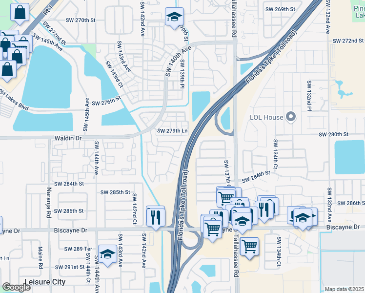 map of restaurants, bars, coffee shops, grocery stores, and more near 28021 Southwest 139th Court in Homestead