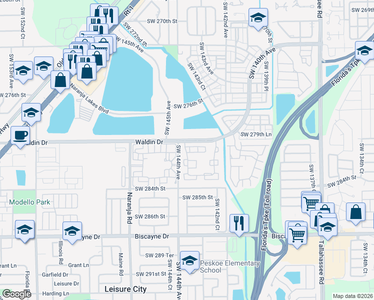 map of restaurants, bars, coffee shops, grocery stores, and more near 28023 Southwest 143rd Court in Homestead