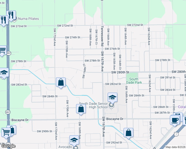 map of restaurants, bars, coffee shops, grocery stores, and more near 16760 Southwest 280th Street in Homestead