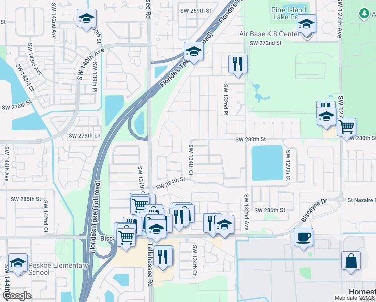 map of restaurants, bars, coffee shops, grocery stores, and more near 13463 Southwest 281st Terrace in Homestead