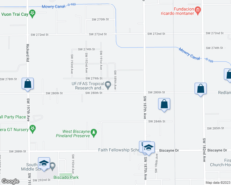 map of restaurants, bars, coffee shops, grocery stores, and more near 19102 Southwest 280th Street in Homestead