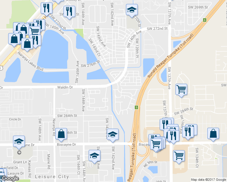 map of restaurants, bars, coffee shops, grocery stores, and more near 28033 Southwest 142nd Court in Homestead