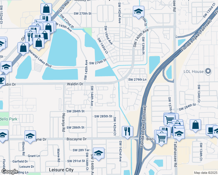 map of restaurants, bars, coffee shops, grocery stores, and more near 28083 Southwest 143rd Court in Homestead