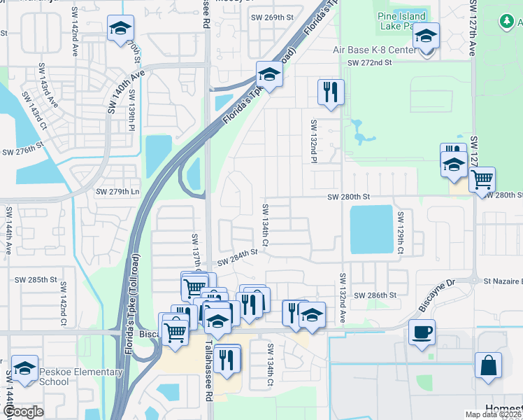 map of restaurants, bars, coffee shops, grocery stores, and more near 13463 Southwest 281st Terrace in Homestead