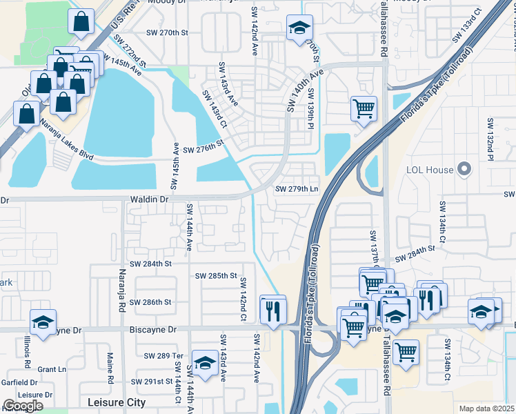 map of restaurants, bars, coffee shops, grocery stores, and more near 28033 Southwest 142nd Court in Homestead