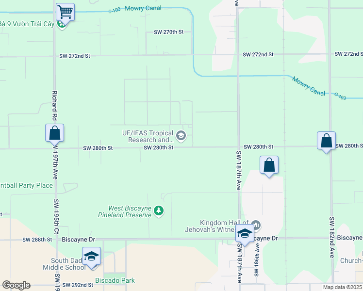 map of restaurants, bars, coffee shops, grocery stores, and more near 18905 Southwest 280th Street in Homestead