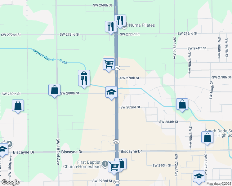 map of restaurants, bars, coffee shops, grocery stores, and more near 14419 Southwest 280th Street in Homestead