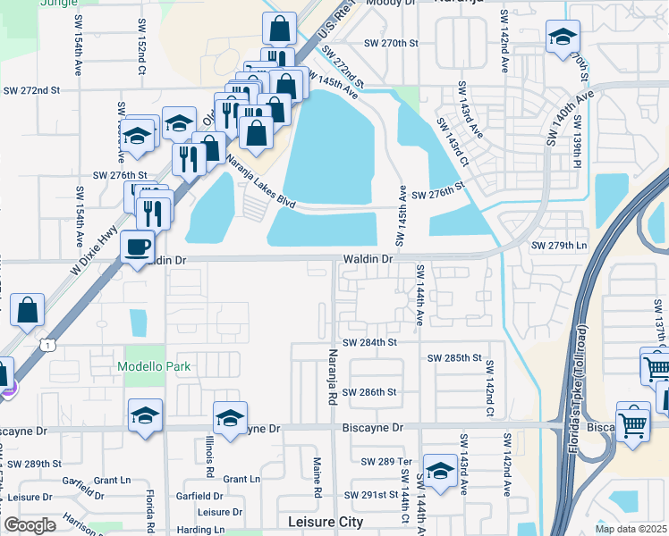 map of restaurants, bars, coffee shops, grocery stores, and more near 28050 Southwest 147th Avenue in Homestead