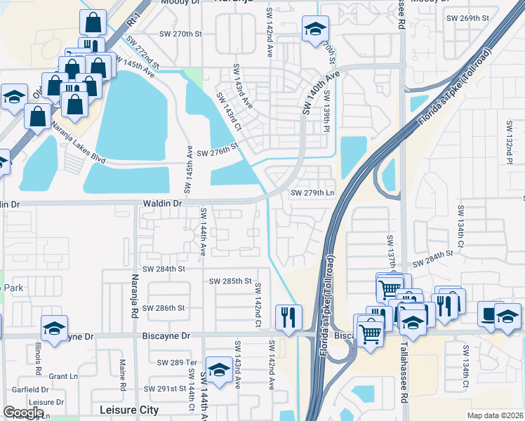 map of restaurants, bars, coffee shops, grocery stores, and more near 28033 Southwest 142nd Court in Homestead