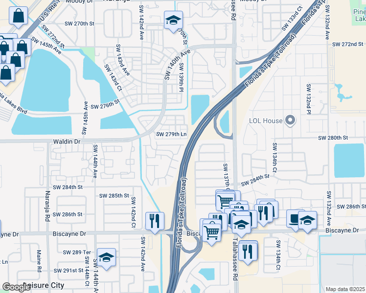 map of restaurants, bars, coffee shops, grocery stores, and more near 28021 Southwest 139th Court in Homestead
