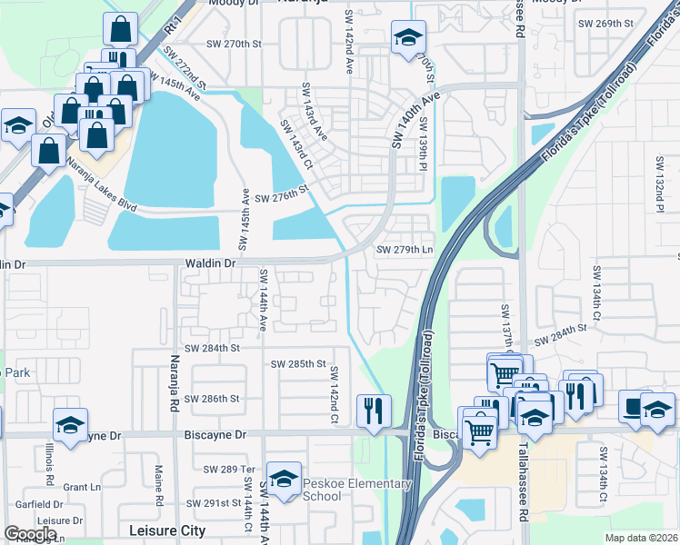 map of restaurants, bars, coffee shops, grocery stores, and more near 28033 Southwest 142nd Court in Homestead