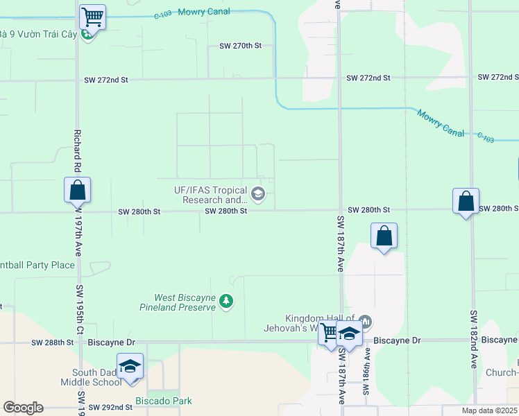 map of restaurants, bars, coffee shops, grocery stores, and more near 19102-19198 Southwest 280th Street in Homestead