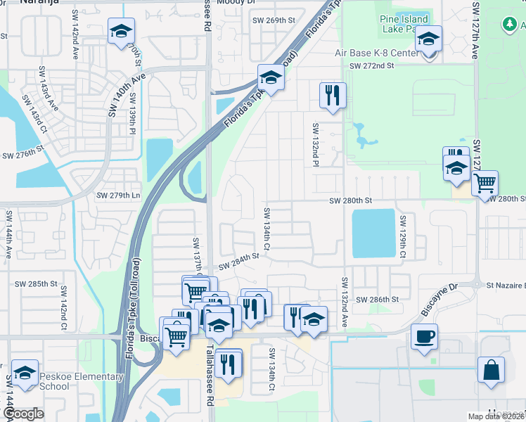 map of restaurants, bars, coffee shops, grocery stores, and more near 13463 Southwest 281st Terrace in Homestead