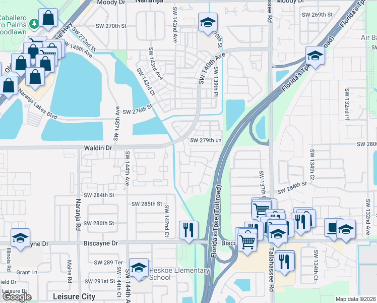 map of restaurants, bars, coffee shops, grocery stores, and more near 28100 Southwest 281st Street in Homestead