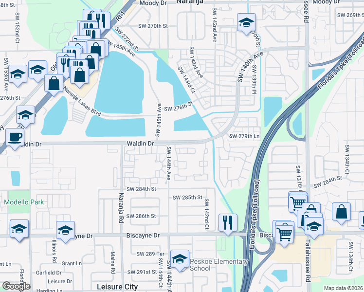 map of restaurants, bars, coffee shops, grocery stores, and more near 28017 Southwest 143rd Court in Homestead