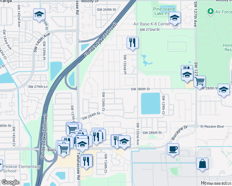 map of restaurants, bars, coffee shops, grocery stores, and more near 13363 Southwest 281st Terrace in Homestead