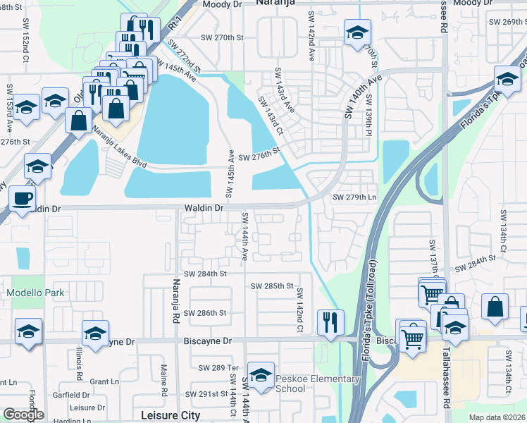map of restaurants, bars, coffee shops, grocery stores, and more near 28023 Southwest 143rd Court in Homestead