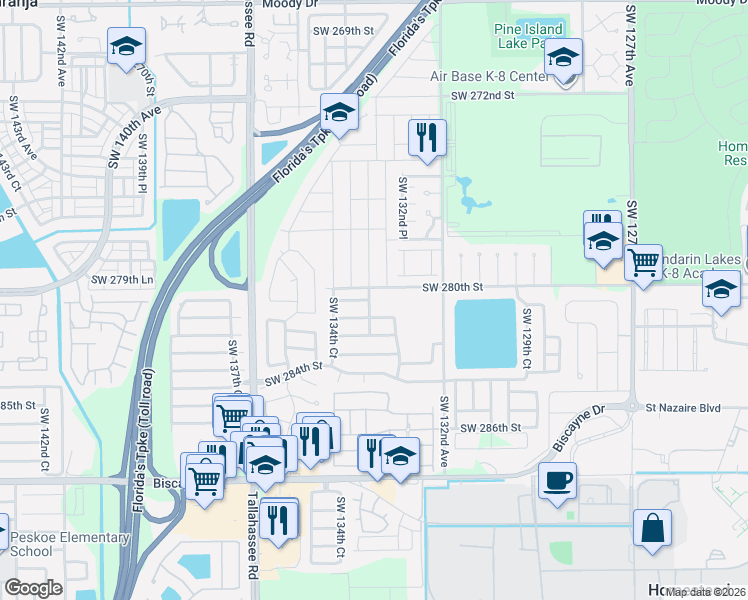 map of restaurants, bars, coffee shops, grocery stores, and more near 13363 Southwest 281st Terrace in Homestead