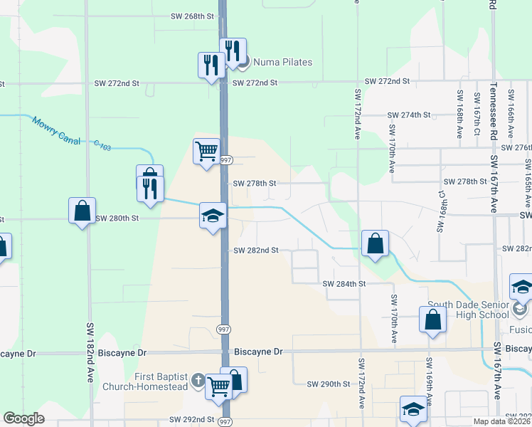 map of restaurants, bars, coffee shops, grocery stores, and more near 17485 Southwest 280th Street in Homestead