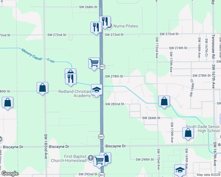 map of restaurants, bars, coffee shops, grocery stores, and more near 17485 Southwest 280th Street in Homestead