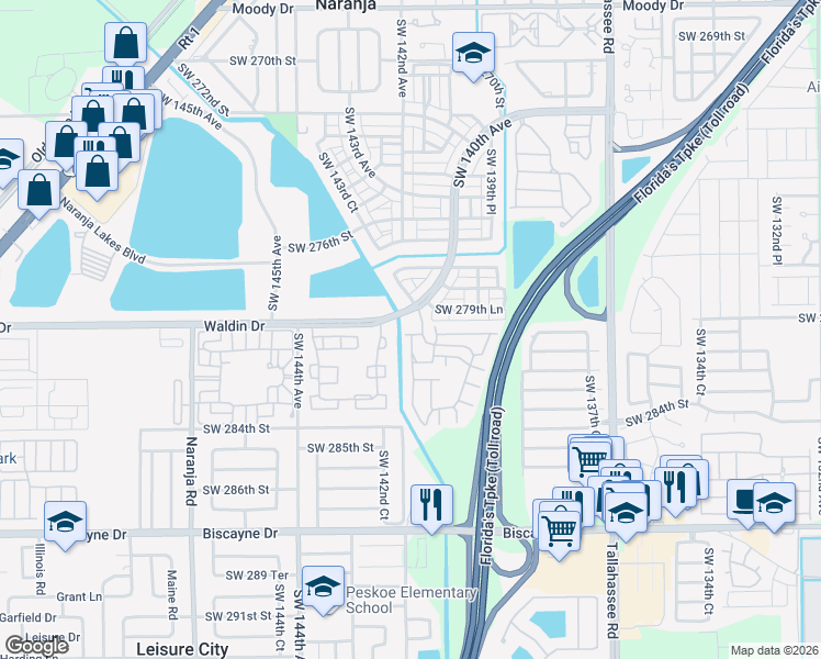 map of restaurants, bars, coffee shops, grocery stores, and more near 14127 Southwest 280th Terrace in Homestead