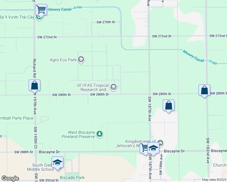 map of restaurants, bars, coffee shops, grocery stores, and more near 18905 Southwest 280th Street in Homestead