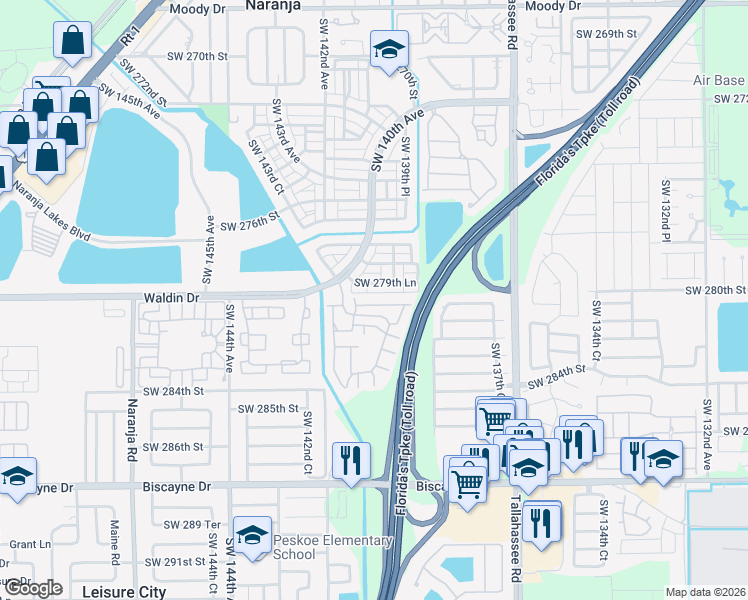 map of restaurants, bars, coffee shops, grocery stores, and more near 13941 Southwest 281st Terrace in Homestead