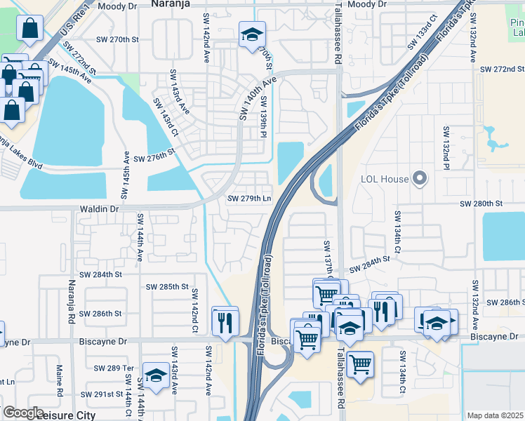 map of restaurants, bars, coffee shops, grocery stores, and more near 28021 Southwest 139th Court in Homestead