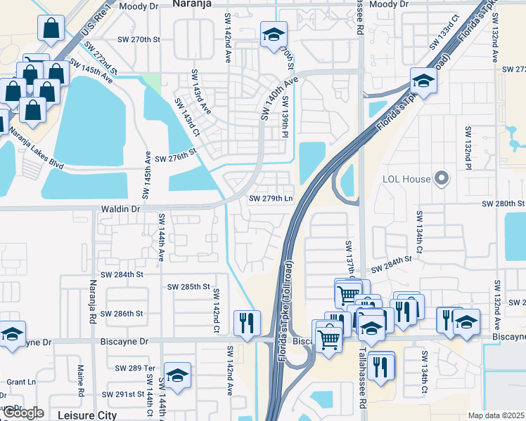 map of restaurants, bars, coffee shops, grocery stores, and more near 13941 Southwest 281st Terrace in Homestead