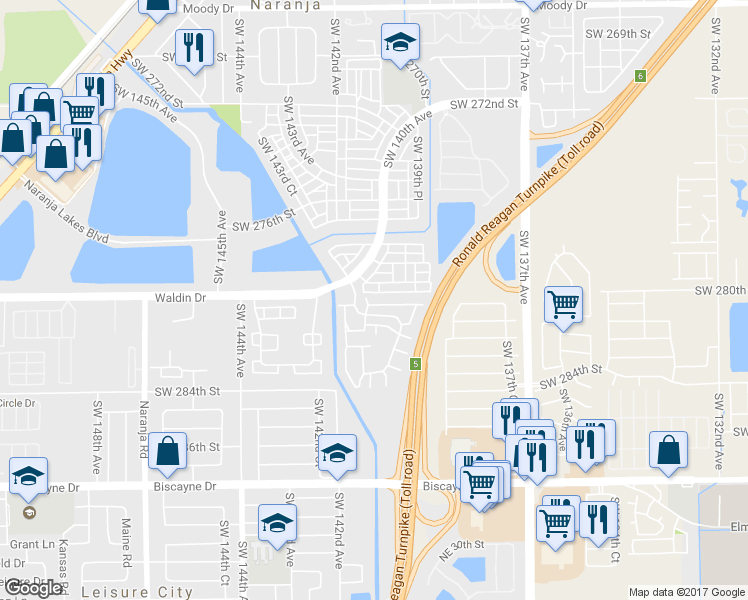 map of restaurants, bars, coffee shops, grocery stores, and more near 28100 Southwest 281st Street in Homestead