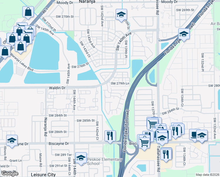 map of restaurants, bars, coffee shops, grocery stores, and more near 28100 Southwest 281st Street in Homestead
