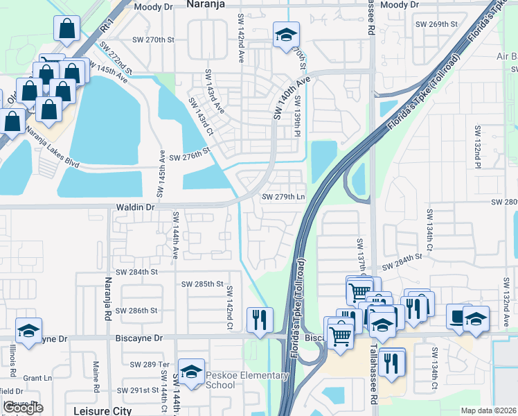 map of restaurants, bars, coffee shops, grocery stores, and more near 28100 Southwest 281st Street in Homestead