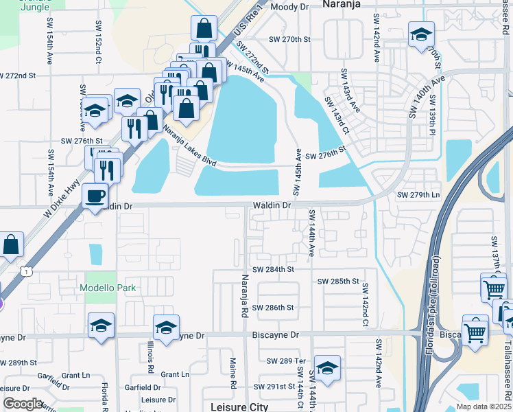 map of restaurants, bars, coffee shops, grocery stores, and more near 14632 Southwest 280th Street in Homestead