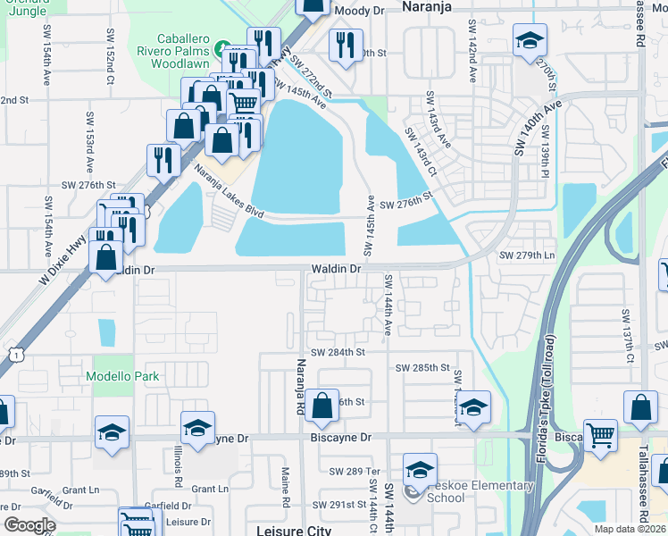 map of restaurants, bars, coffee shops, grocery stores, and more near 14583-14699 Southwest 280th Street in Naranja