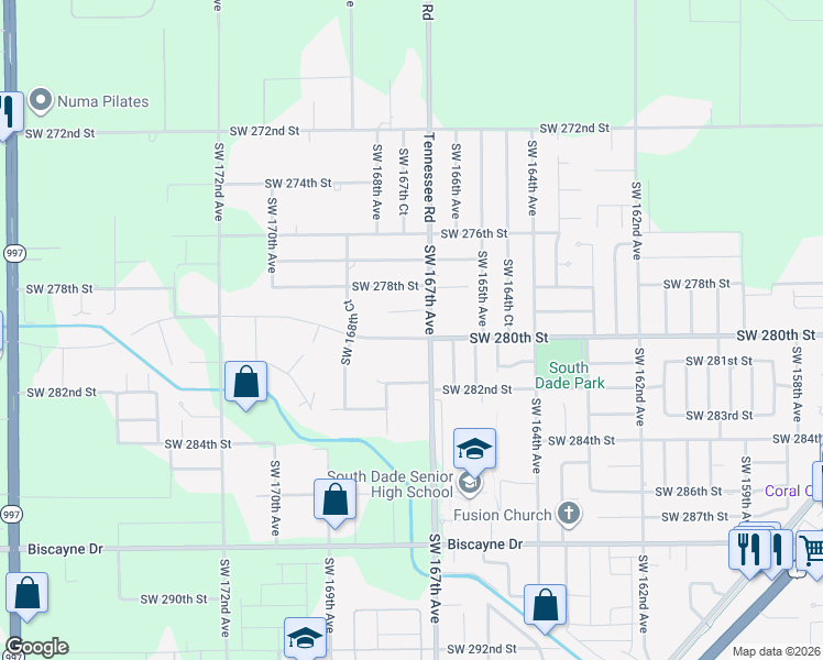 map of restaurants, bars, coffee shops, grocery stores, and more near 16702 Southwest 279th Street in Homestead