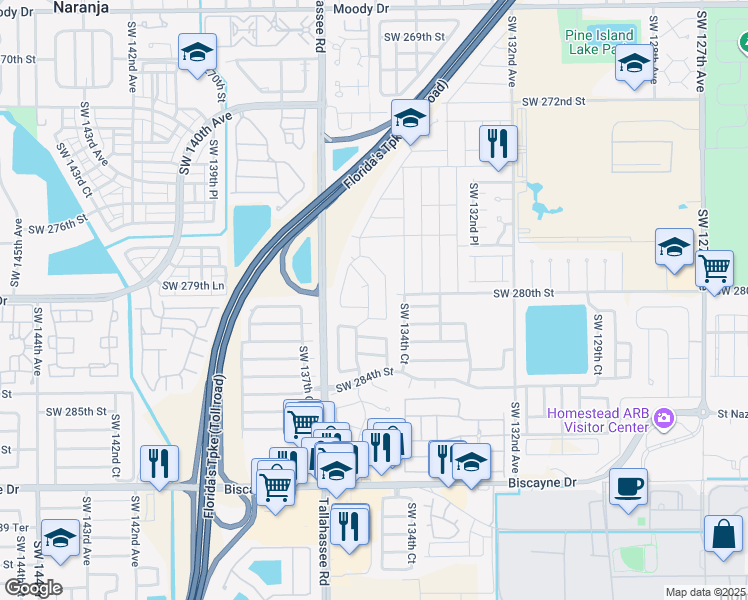 map of restaurants, bars, coffee shops, grocery stores, and more near 24945 Southwest 135th Avenue in Homestead