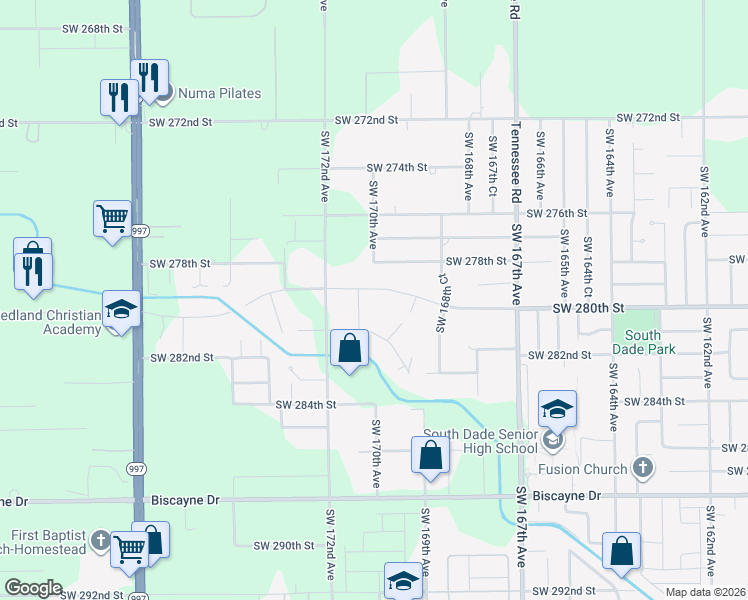 map of restaurants, bars, coffee shops, grocery stores, and more near 17020 Waldin Drive in Homestead