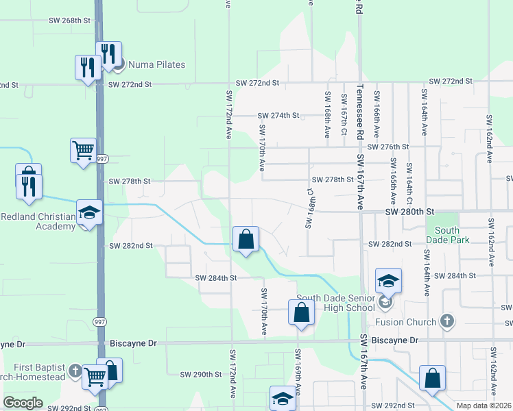map of restaurants, bars, coffee shops, grocery stores, and more near 17020 Waldin Drive in Homestead