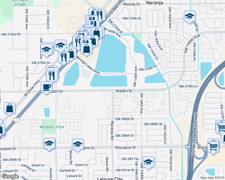 map of restaurants, bars, coffee shops, grocery stores, and more near 14632 Southwest 280th Street in Homestead