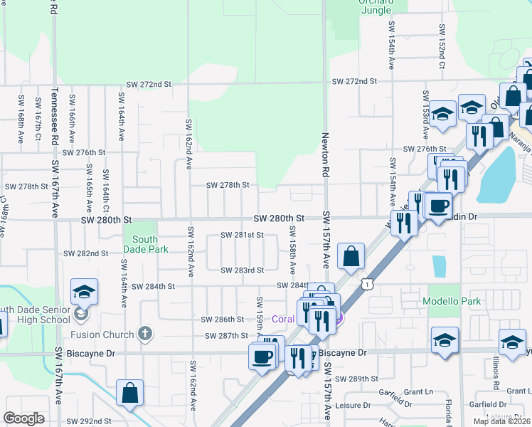 map of restaurants, bars, coffee shops, grocery stores, and more near 15875 Southwest 280th Street in Homestead