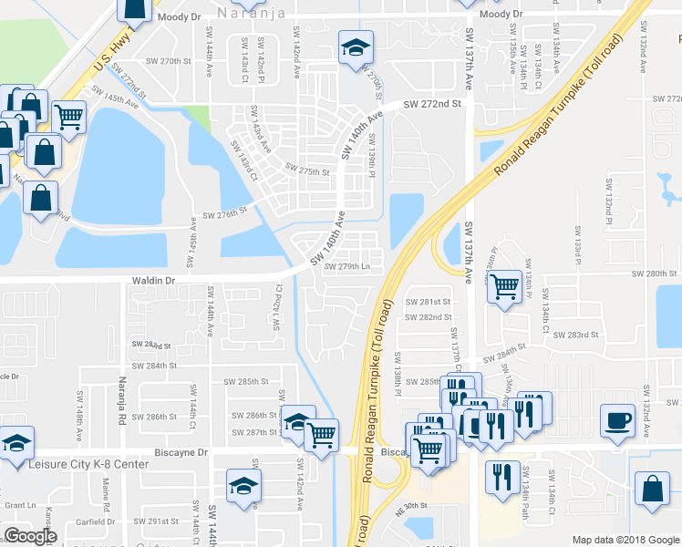 map of restaurants, bars, coffee shops, grocery stores, and more near 27954 Southwest 139th Path in Homestead