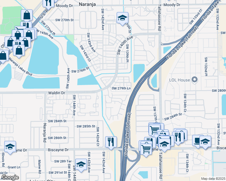 map of restaurants, bars, coffee shops, grocery stores, and more near 27981 Southwest 140th Avenue in Homestead