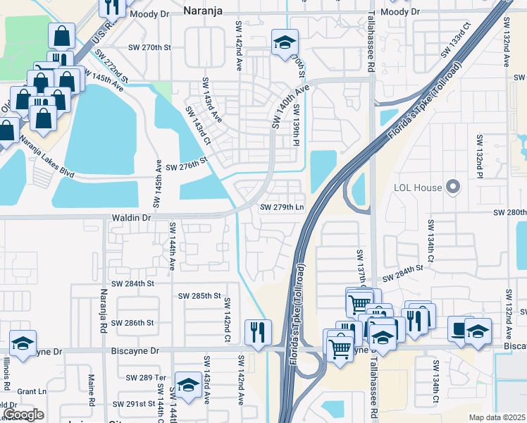 map of restaurants, bars, coffee shops, grocery stores, and more near 27981 Southwest 140th Avenue in Homestead