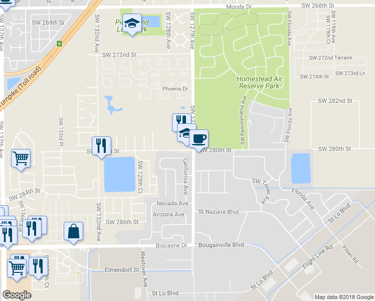 map of restaurants, bars, coffee shops, grocery stores, and more near 12700 Southwest 280th Street in Homestead