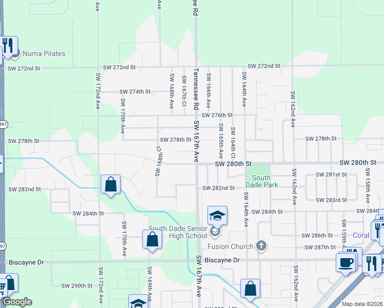 map of restaurants, bars, coffee shops, grocery stores, and more near 16702 Southwest 279th Street in Homestead