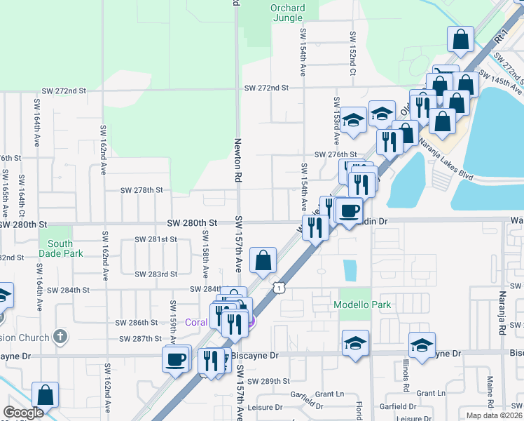 map of restaurants, bars, coffee shops, grocery stores, and more near 27905 Southwest 155th Avenue in Homestead