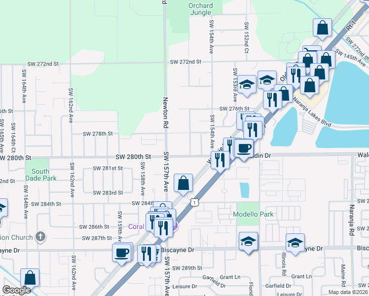 map of restaurants, bars, coffee shops, grocery stores, and more near 27905 Southwest 155th Avenue in Homestead