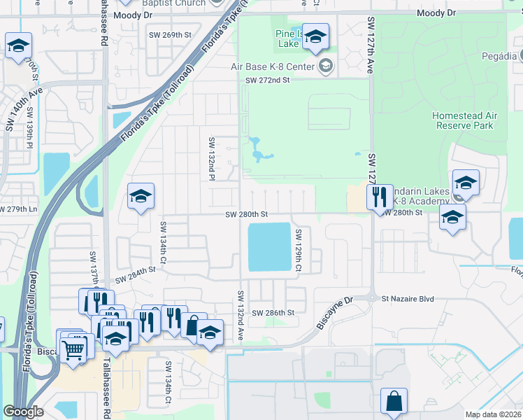 map of restaurants, bars, coffee shops, grocery stores, and more near 27912 Southwest 130th Court in Homestead