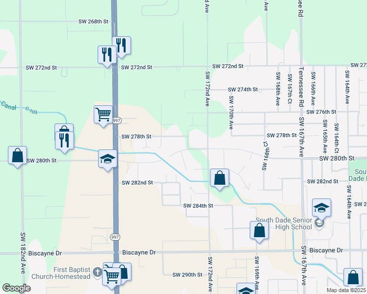 map of restaurants, bars, coffee shops, grocery stores, and more near 17279 Waldin Drive in Homestead